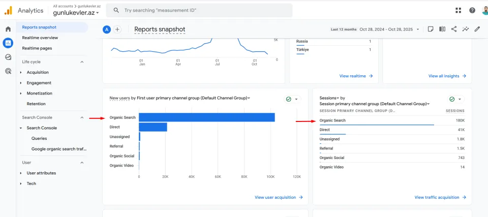 Gunlukevler.az — Google Analytics — orqanik axtarış trafikinin payı
