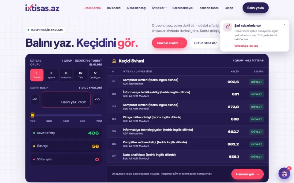 İxtisas.az — Abituriyentlər üçün ixtisas seçimi platforması: bal hesablayıcı, ixtisas bazası və Aİ məsləhətçi.